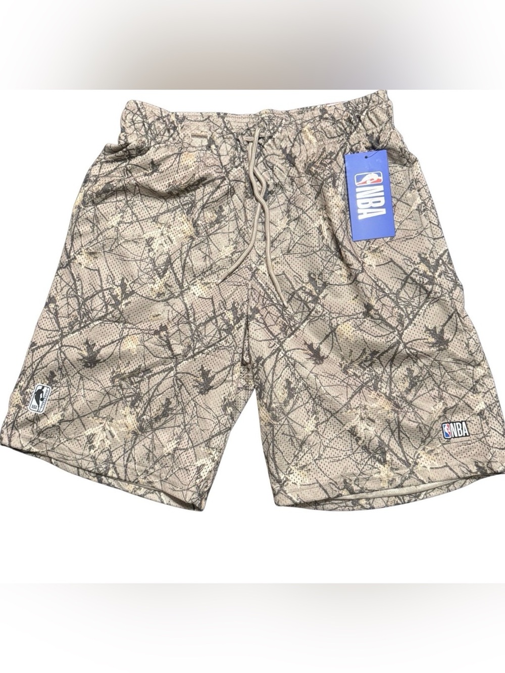 NBA Metallic Beige Camo Mesh Shorts with Blue Logo New With Tags